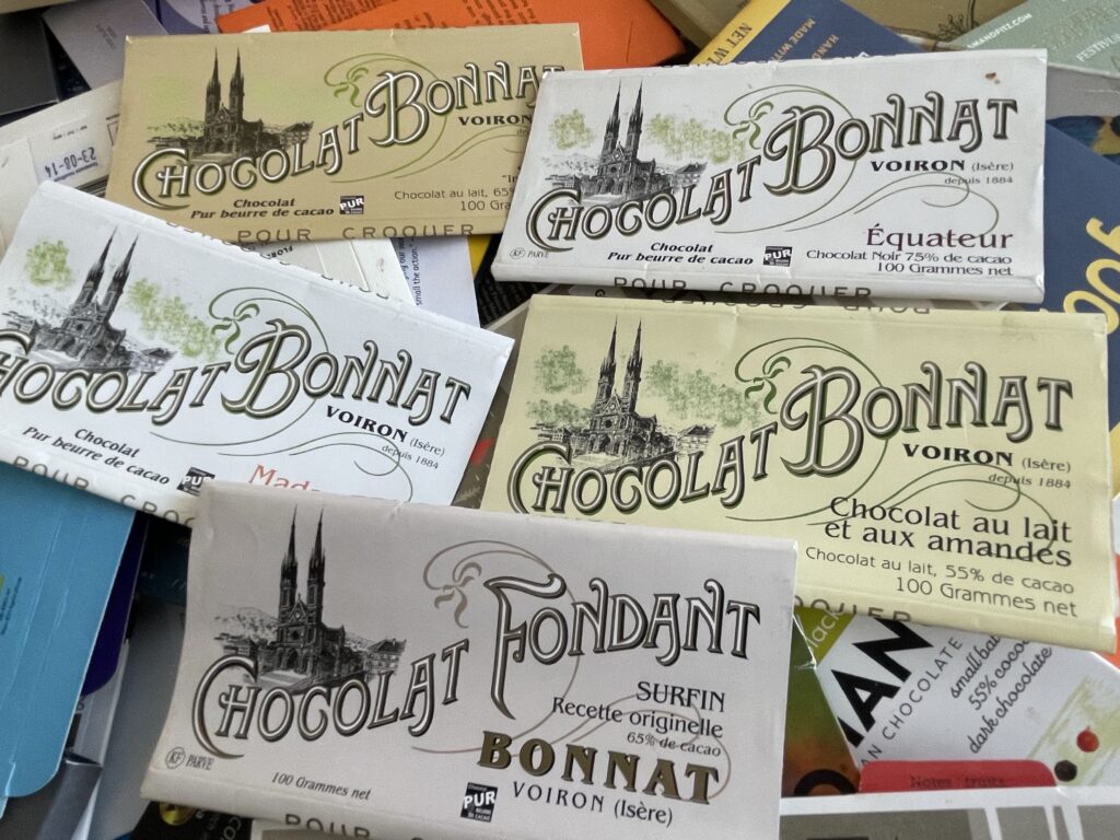 A handful of Chocolat Bonnat wrappers