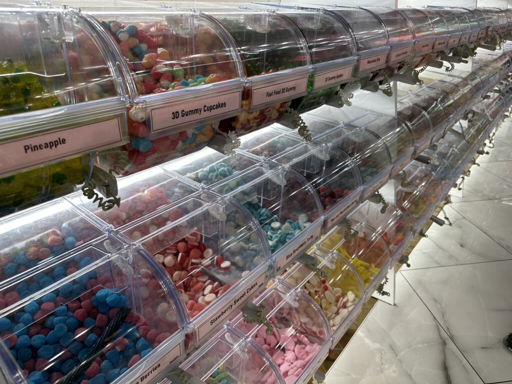 A row of bull candy in a candy shop