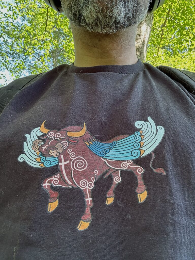 A selfie of my t-shirt featuring the Gloranthan god Storm Bull