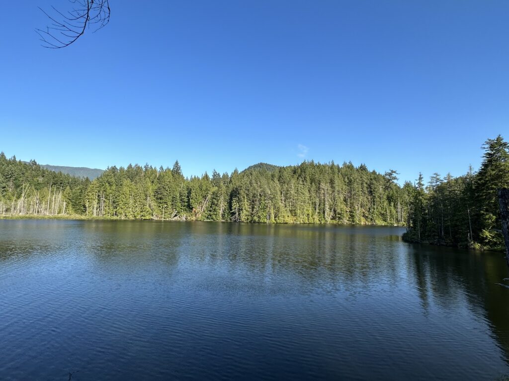 A lake surrounded by trees and hills