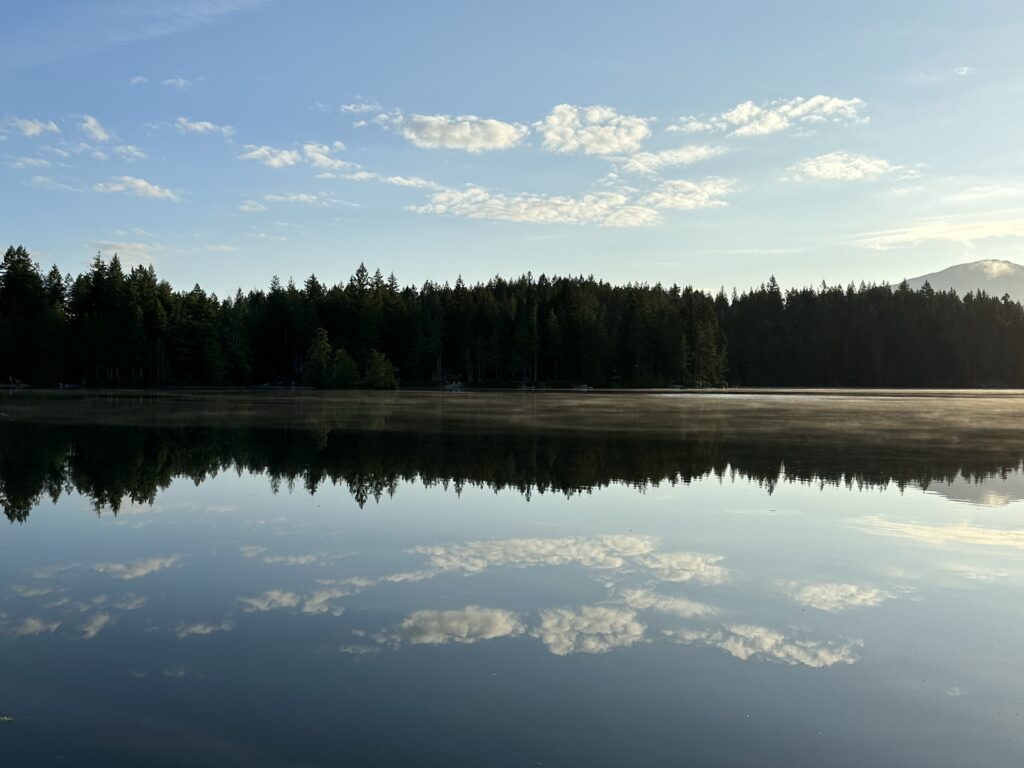 Silhouetted trees and sky reflecting in the calm waters of a lake