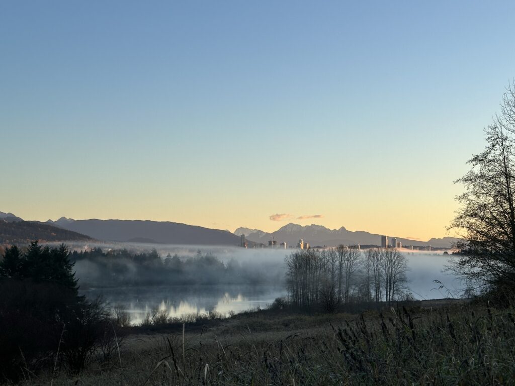 The fog over Deer Lake Park in Burnaby, BC