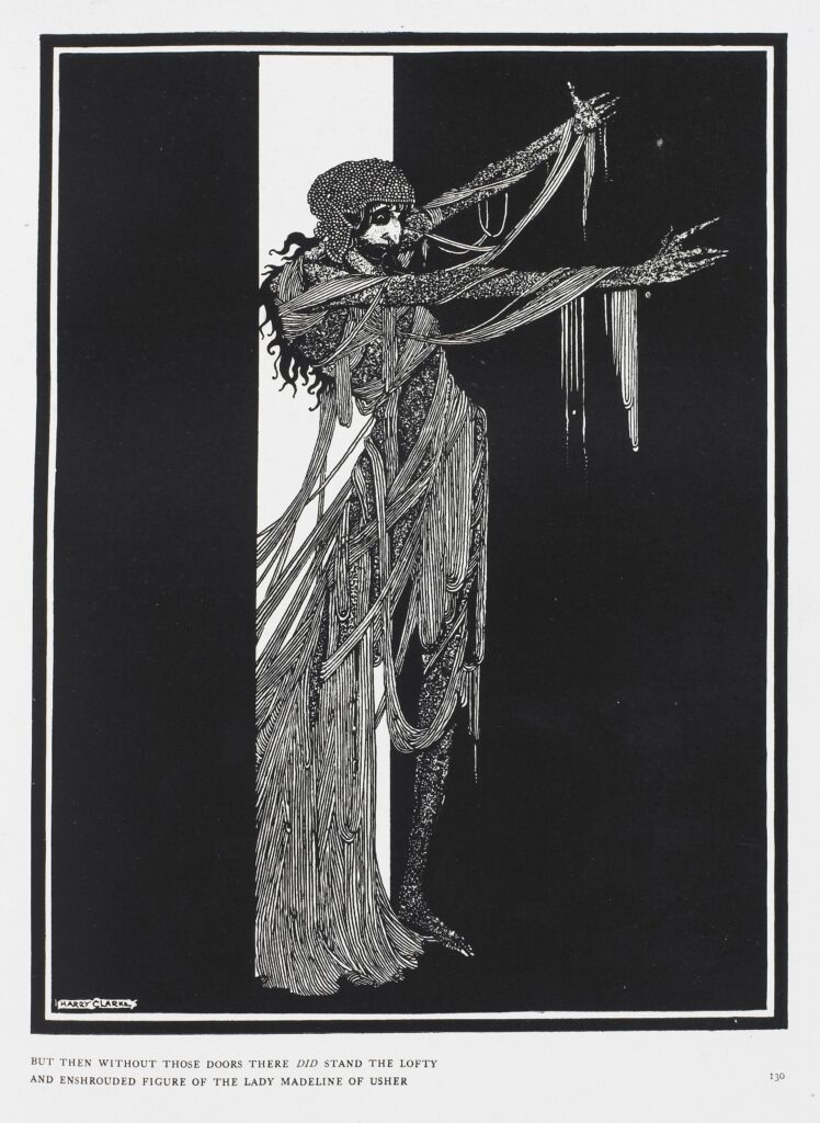 A Harry Clarke illustration of Edgar Poe's Madeline of Usher in a very dark gothic black & white style.
