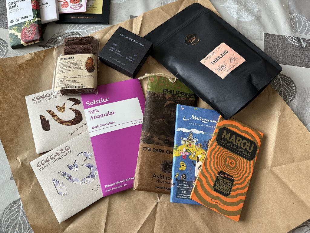 Some extra chocolate:
- Mexican hot chocolate disk to melt in milk
- Fjak drinking chocolate powder
- Two Cocoaro bars (made in store)
- Solstice
- Askinosie
- Mirzam
- Marou