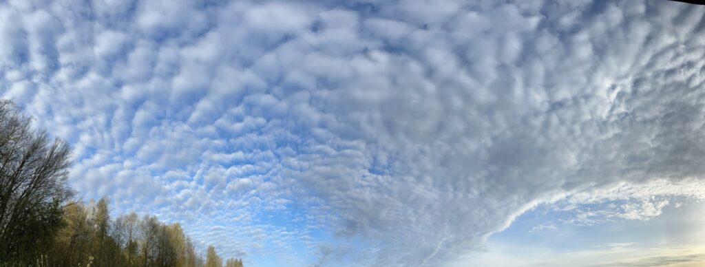 A panoramic photo of some fluffy clouds over Burnaby, BC