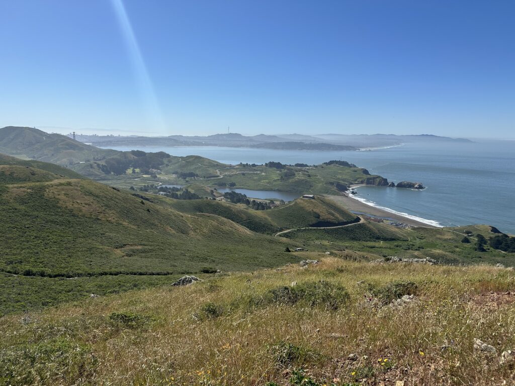 The view halfway up the trail. You can spot the top of one of the Golden Gate Bridge's towers in the back.