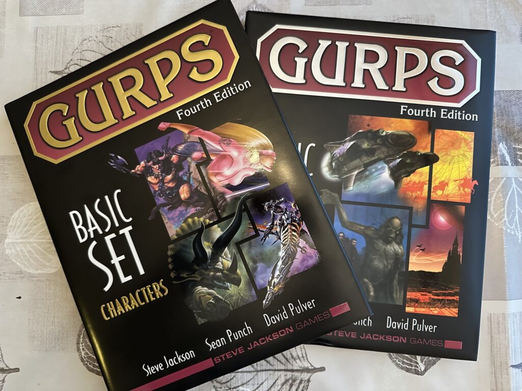 The two volumes of the GURPS Basic Set, in their original fancy "deluxe edition". These are hardbacks with embossed dust jackets.