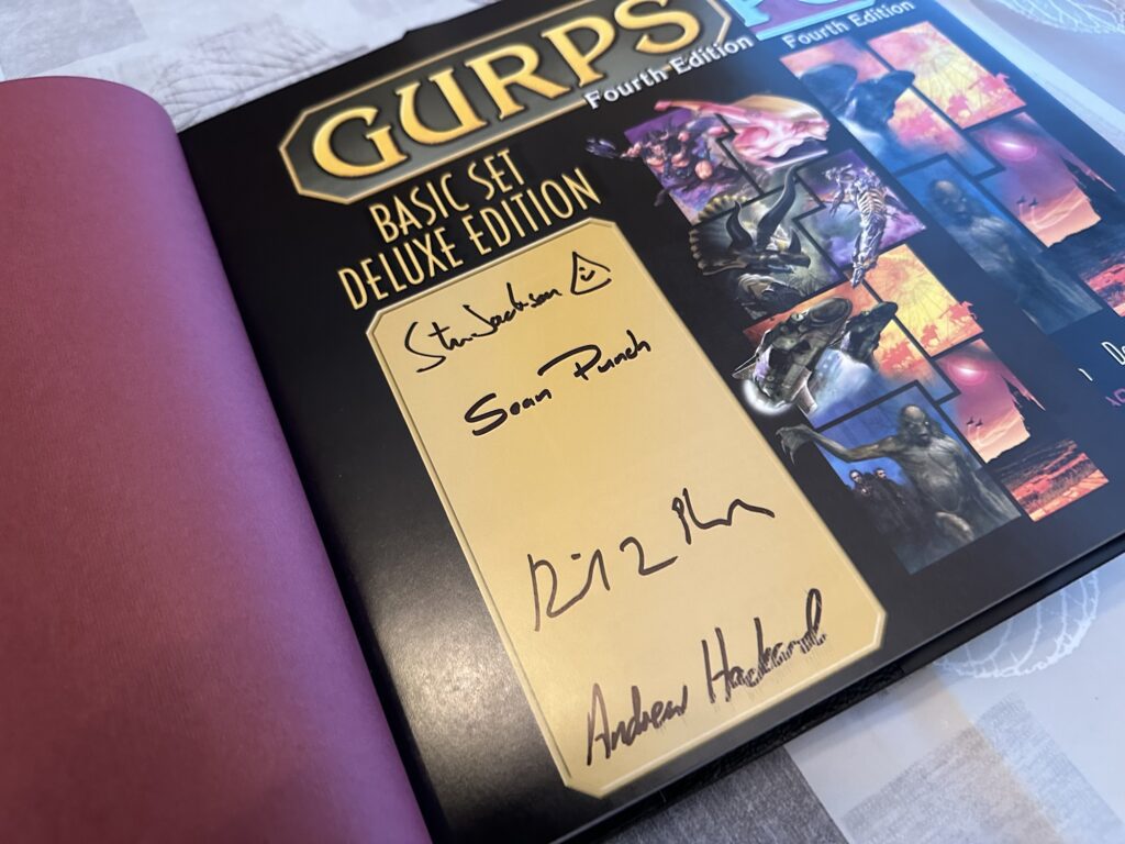 The first page of the first Basic Set volume. The fancy deluxe edition was signed by Steve Jackson, Sean Punch, David Pulver, and Andrew Hackard.