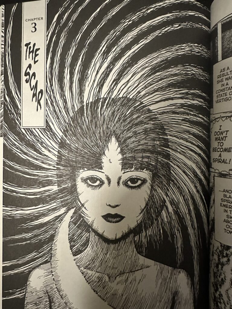 The first page of chapter 3 showing a young lady with a small scar on a forehead, and some ominous spiraling stuff around her.