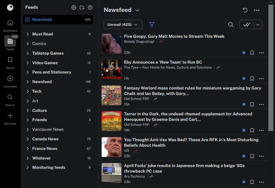 A screenshot of my feeds this morning, using Inoreader's web client.