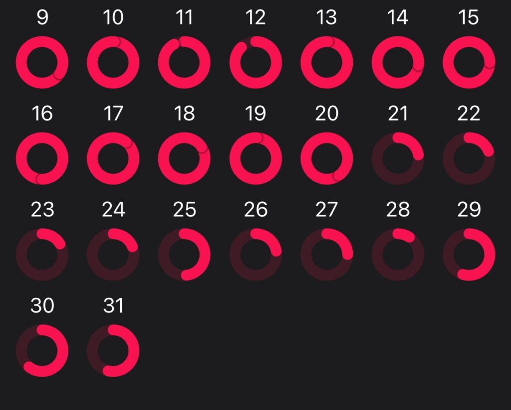 A screenshot of my Apple Fitness rings for the end of December, showing full rings for all the days I went out with the dog, but only quarter rings for the week I spent skiing 