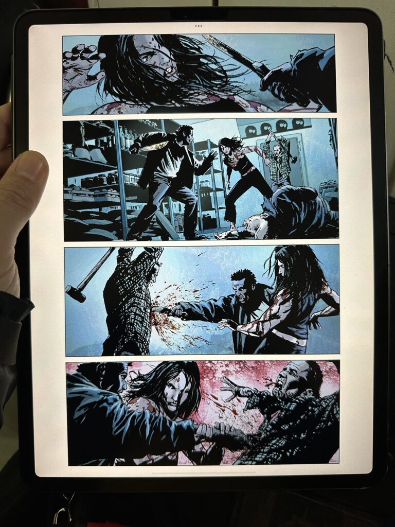 One of the first few pages from issue 1 of Lazarus, by Greg Rucka and Michael Lark.