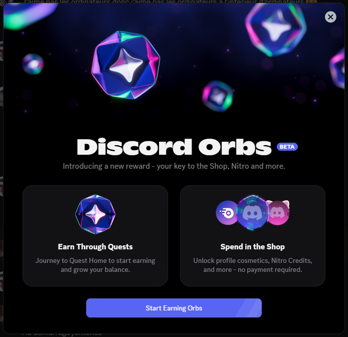 A screenshot of the announcement for "Discord Orbs"