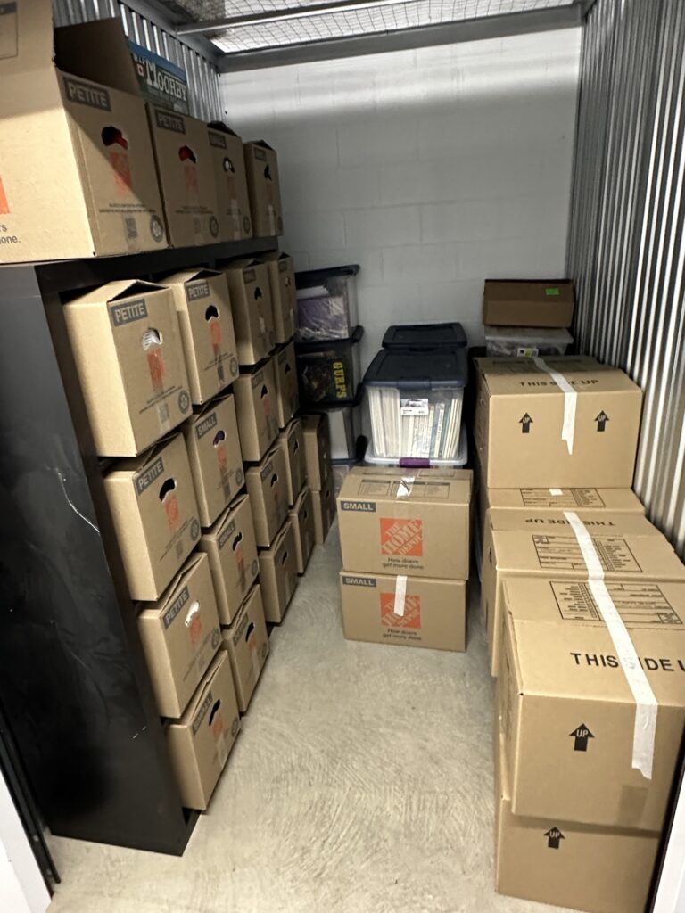 A storage locker full of boxes