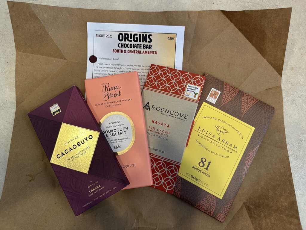 As usual, four chocolate bars, courtesy of Origins Chocolate Bar in New Westminster, BC, Canada. This month it seems all the chocolate is from south and central America.


- Cacaosuyo 70%
- Pump Street 66%
- Argencove 70%
- Luisa Abram
