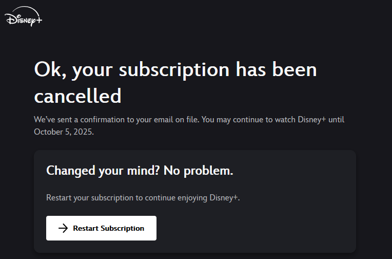 A screenshot of my Disney+ subscription being cancelled.
