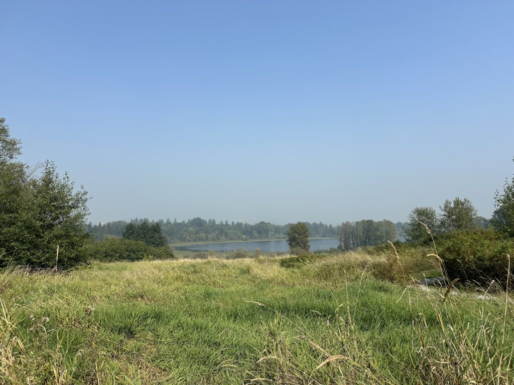 A view from the top of Deer Lake Park, BC, where the north shore mountains are literally missing from view due to the smoke for wildfires elsewhere in the province.