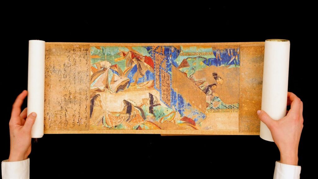 A replica of the so-called "Genji Scroll" (Genji Monogatari Emaki), a 12th-century Japanese handscroll, which you read by "revealing" bits of the story at a time, as you unroll the scroll on one side and roll it up on the other side. You have to roll it back up at the end, effectively rewinding it, for the next reader.