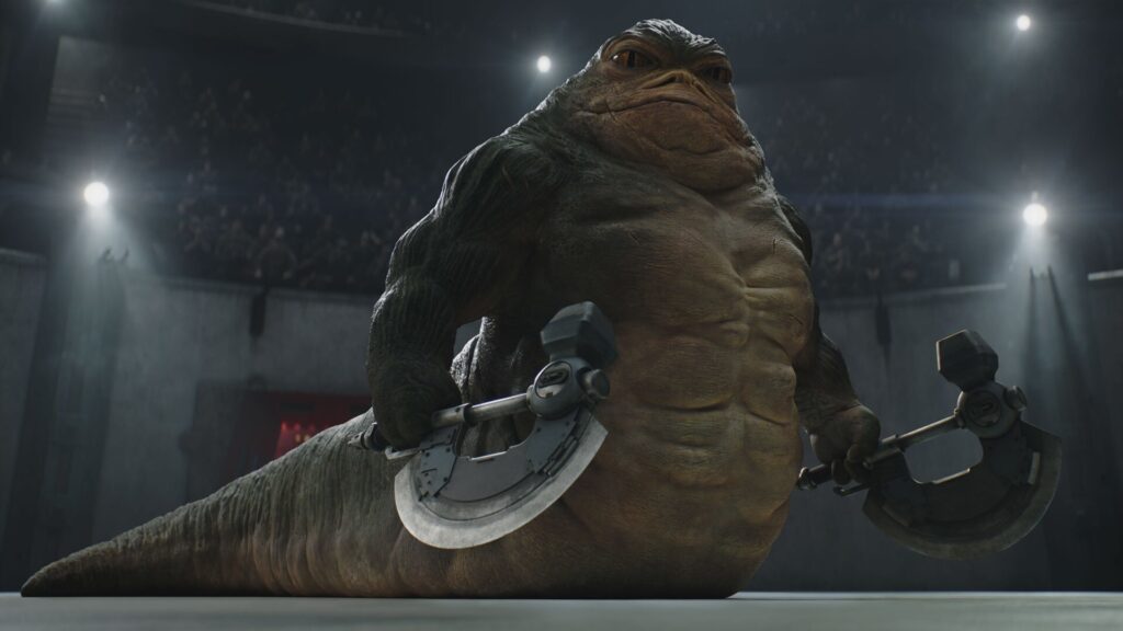Ratta the Hutt in the battle arena. He's a Hutt with... errr.... bicepts and pecs and abs. Makes zero sense. Looks terrible. But at least I like his fighting technique, rolling around and using his weight.