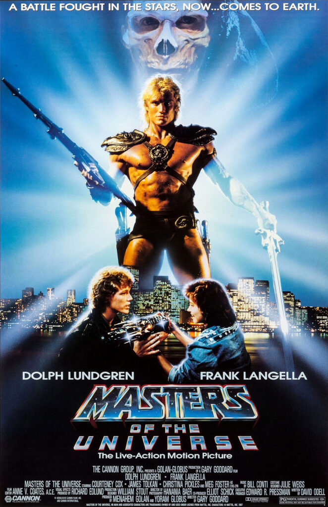 Movie poster for "Masters of the Universe". He-Man is carrying his sword in one hand (which he barely uses in the movie because that would require a lot more qualified stunt-people and a combat coordinator), and a big laser rifle in other hand (because laser weapons were big in the 1980s, and just require some sparks, somebody to yell "fall down now!" on set, and you can do the rest in post)

You have really for the whole movie to recognize something that looks like the cartoon.
