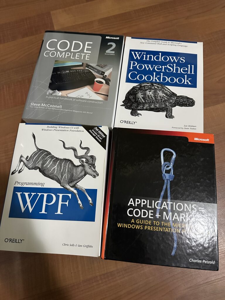 Code Complete 2 by McConnell
Windows PowerShell Cookbook by Holmes.
Programming WPF by Sells and Griffiths.
Applications = Code + Markup, by Petzold.