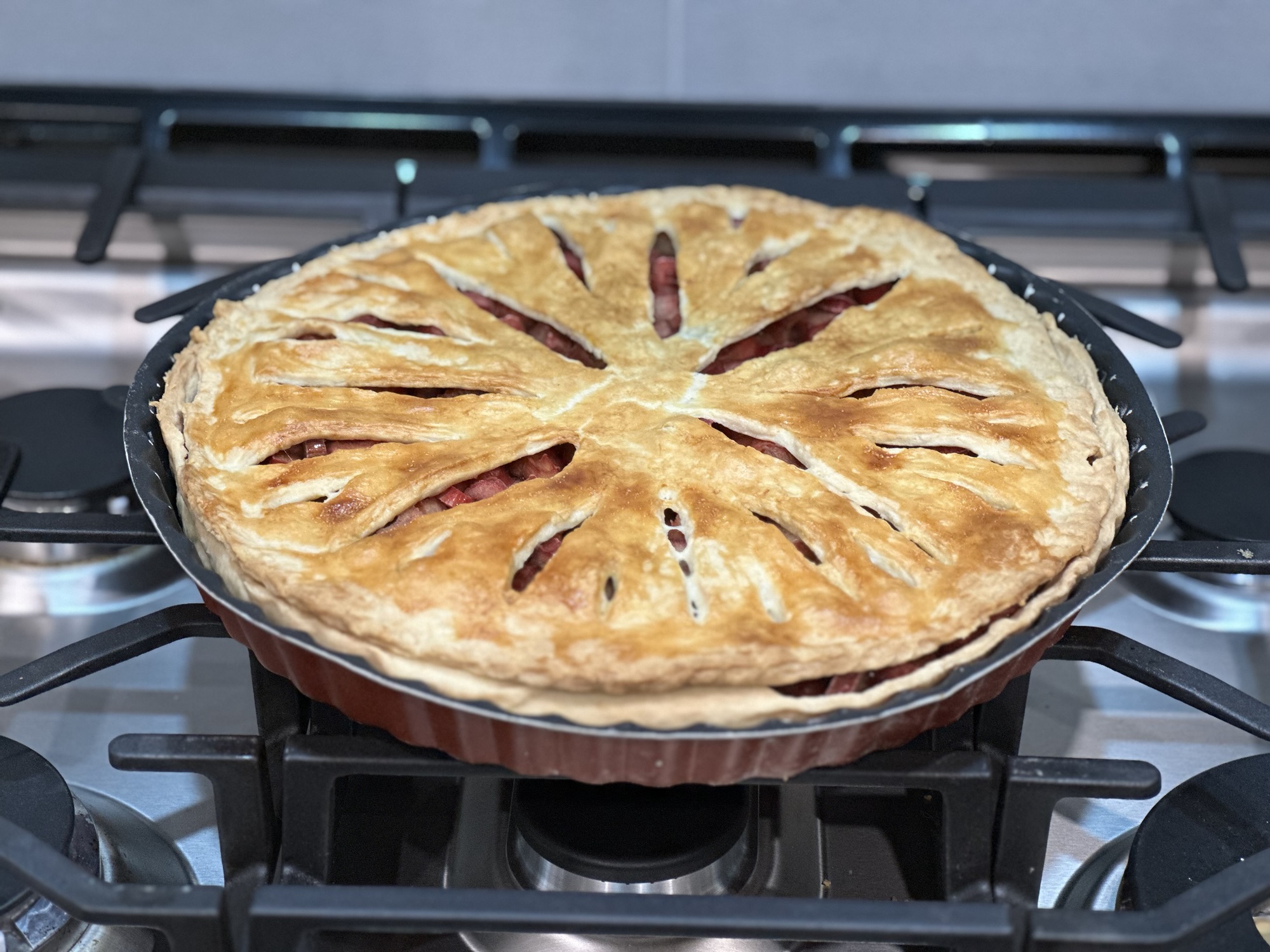 A rhubarb pie just out of the oven
