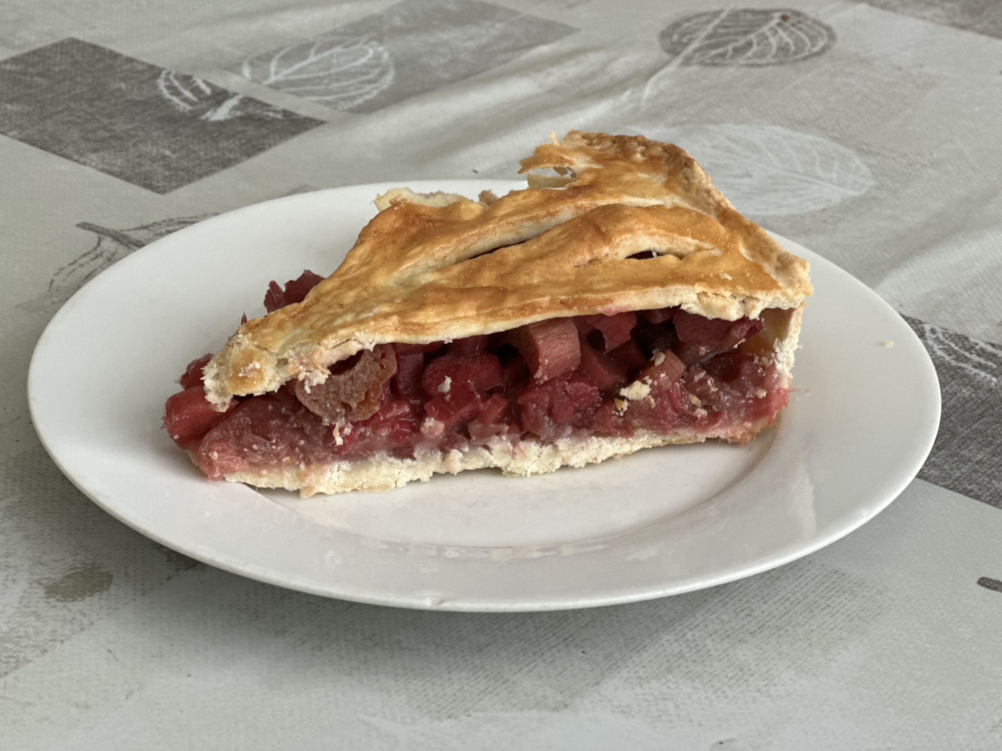 A slice of rhubarb pie on a plate