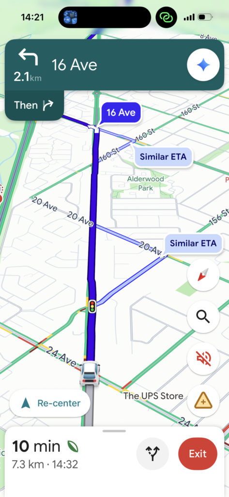 A screenshot of Google Maps showing "equivalent" routes where you turn right at the next intersection, and then left to go back on the road you were on.