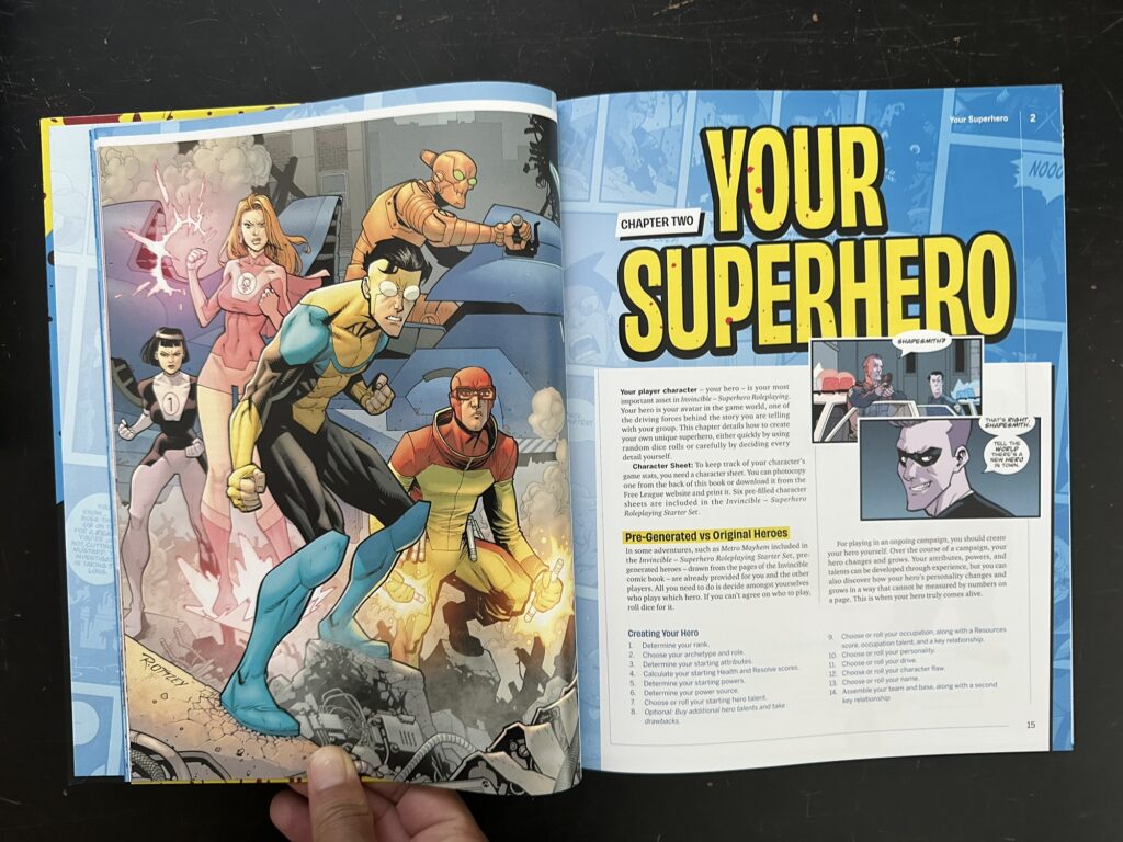 A spread from the core rulebook, showing the great-looking layout that makes good use of the comic-book's art and feels very comic-book-y.
