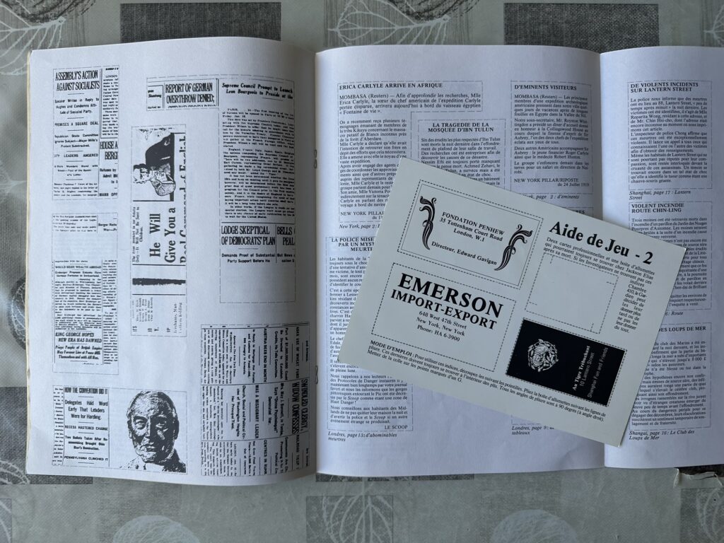 Newspaper clippings and business cards from Masks of Nyarlathotep, plus the ultra-famous matchbox
