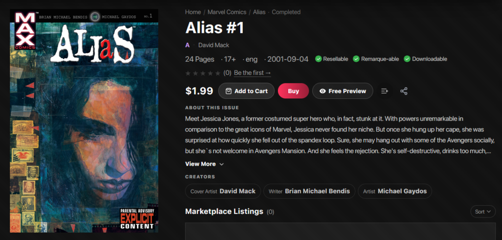 Issue #1 of the excellent "Alias" comicbook from Marvel, on Neon Ichiban. It is tagged as "Downloadable".

Recent releases also are tagged as Downloadable, so it's not just old titles like this.
