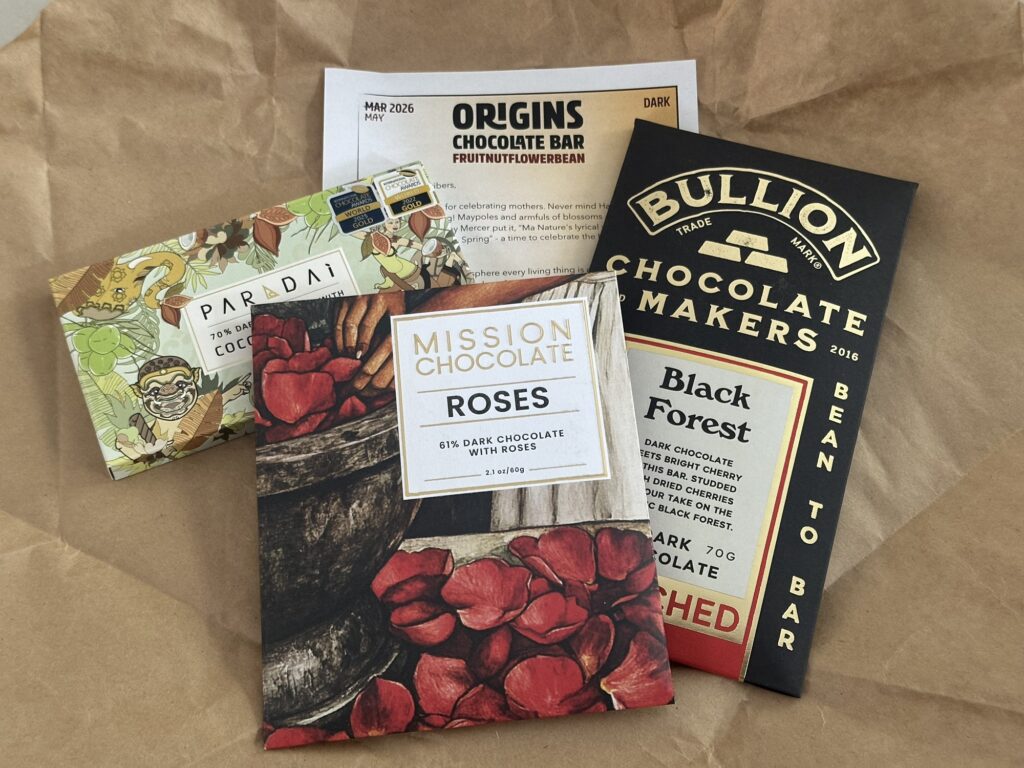 Delivery from Origins Chocolate Bar, in New Westminster, BC but with one bar already eaten
Paradai 70% Dark Chocolate with something something (can't be bothered to go check again)
Mission Chocolate Roses 61% Dark Chocolate with Roses
Bullion Chocolate Makers, Black Forest