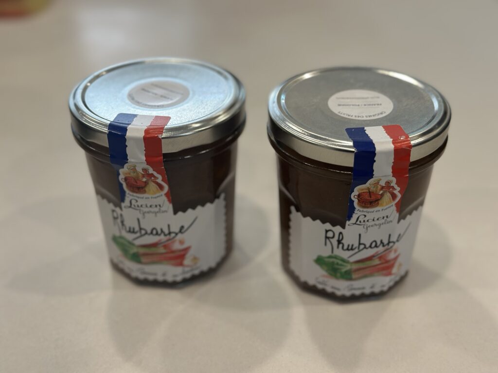Two jars of rhubarb jam, supposedly made in France.