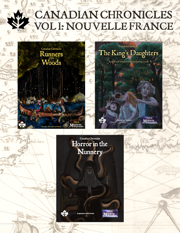 Poster for Canadian Chronicles Vol 1: Nouvelle France, featuring the three covers of the scenarios included in it.
