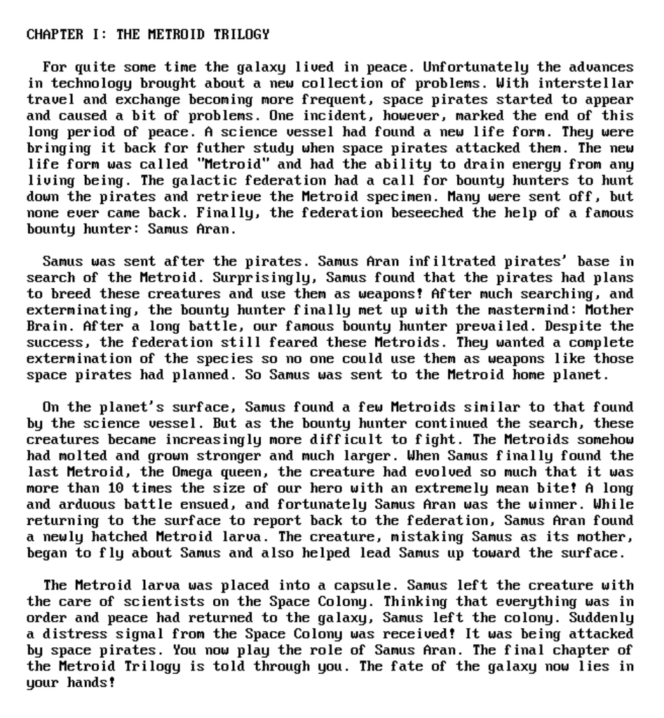 An excerpt from Chapter 1 of the Super Metroid manual.