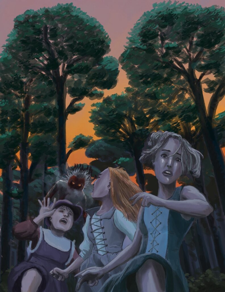 A painting featuring 3 young women running in the woods, with some yellow-eyed monster/person going after them