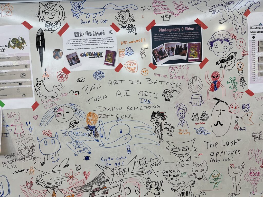 A bunch of white-board drawings from convention attendees