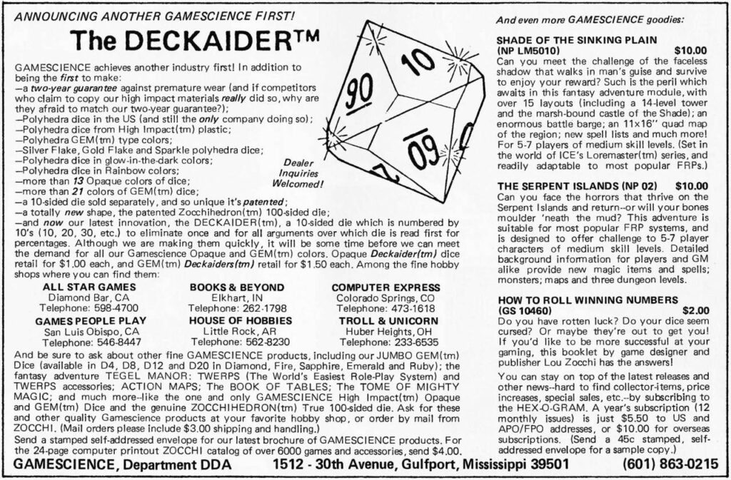 An ad for the "Deckaider" from Gamescience, with a whole bunch of text for all the different "industry firsts" that the company brought to the hobby.