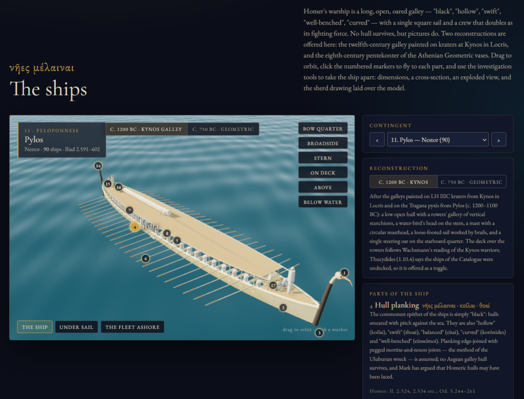 Screenshot of the website, showing a reconstruction of a ship from Pylos
