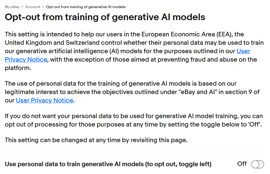 Screenshot of the eBay account setting screen for "Opt-out from training of generative AI models"