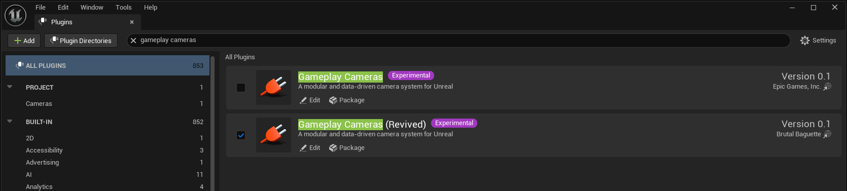 The vanilla GameplayCameras plugin, and the "revived" GameplayCameras plugin, in the UE5 plugin dialog