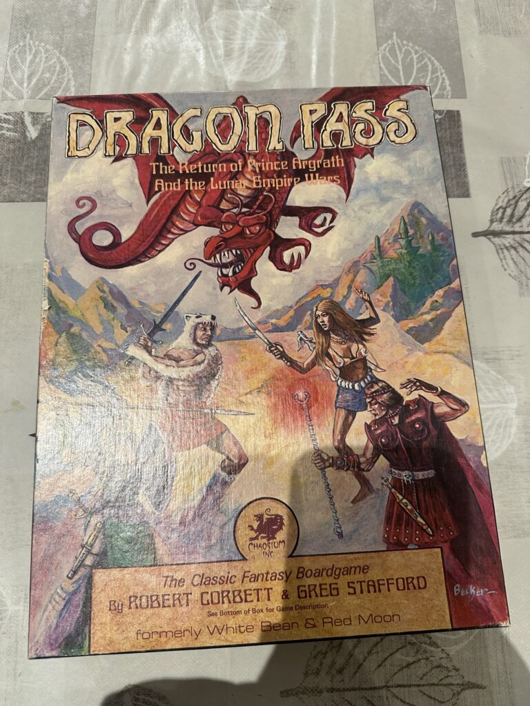 The Dragon Pass board game box, from 1980, by Robert Corbett & Greg Stafford.