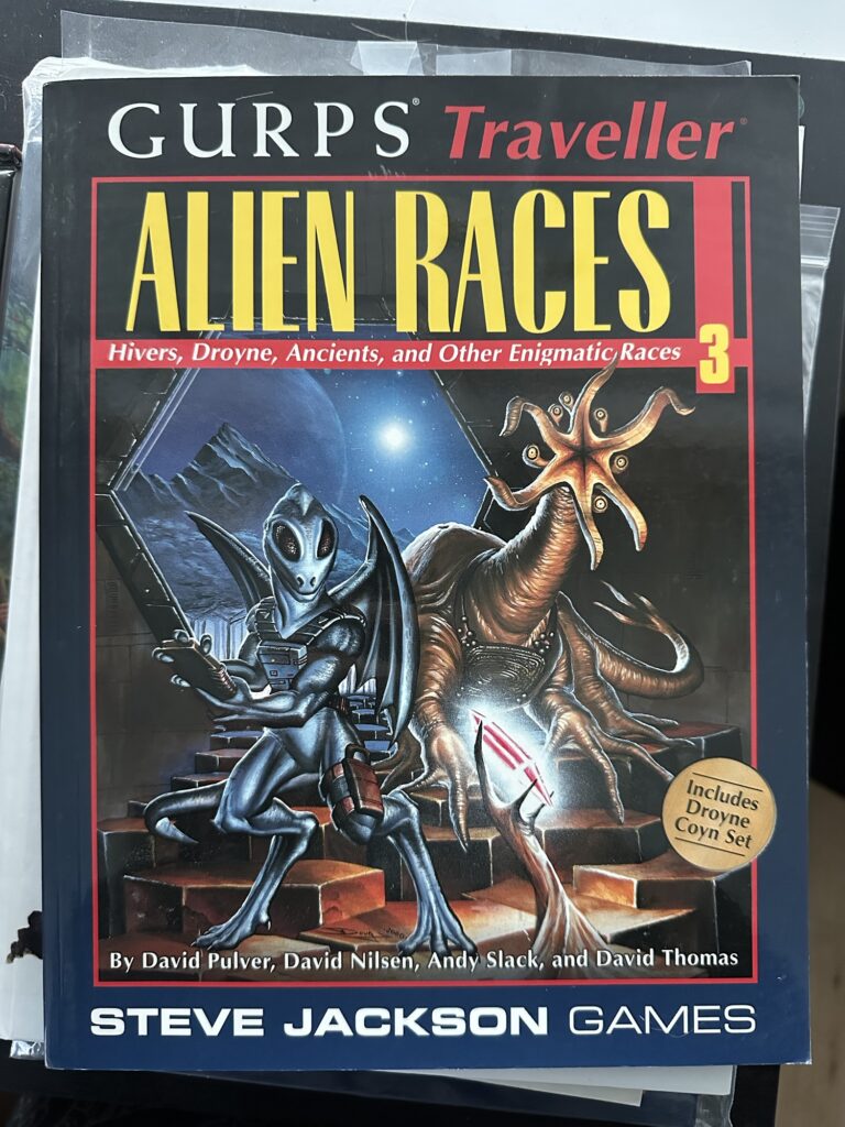 The cover of the Alien Races 3 book, featuring a Droyne, along with other weird races.