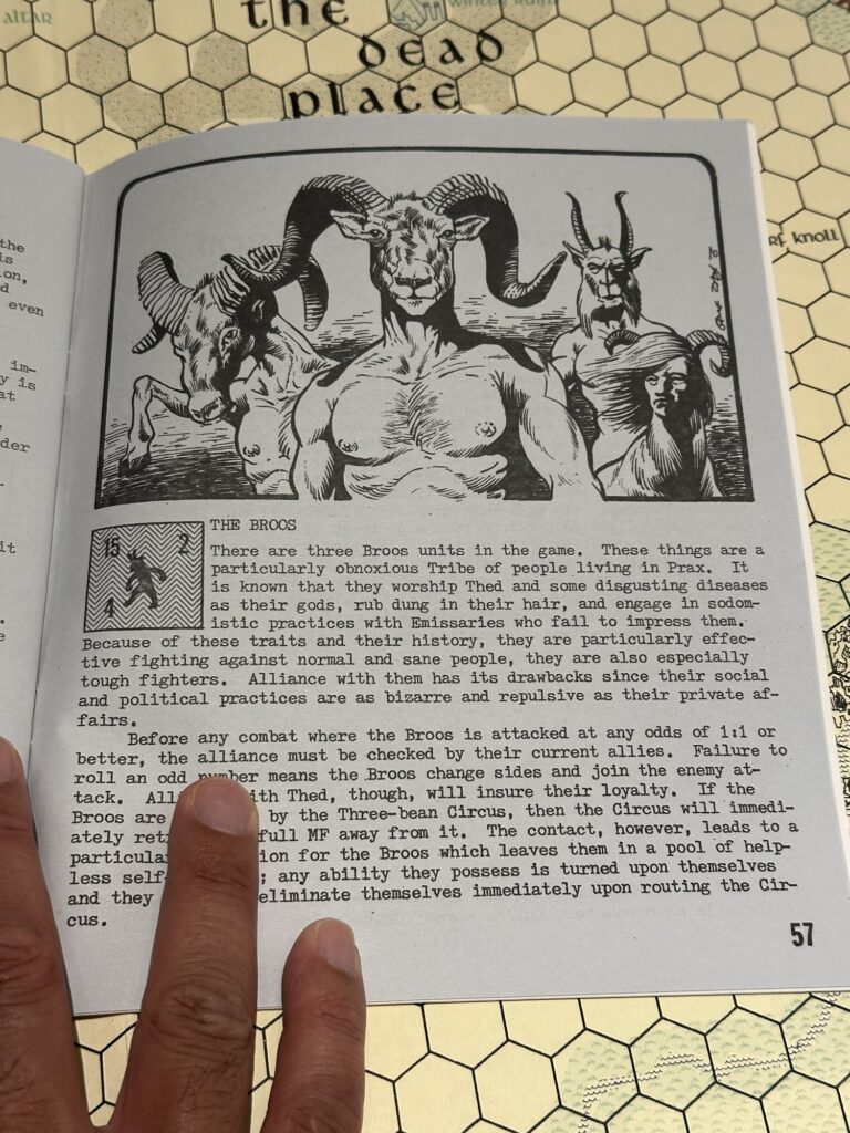 The page from the rulebook describing the Broos. As far as I know, this is the only illustration that features a *human-faced* Broos, i.e. a Broos that "hatched" from a human that was, ahem, "mated with". All other Broos are effectively beast-men that spawned from animals.